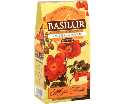 Bok pudełka Basilur Raspberry & Rosehip z opisem herbaty.