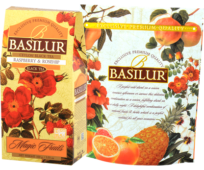 Zestaw herbaty Basilur Raspberry & Rosehip z owocami i kwiatami na opakowaniu.