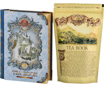Herbata Basilur Tea Book vol. I – ozdobna puszka i złote opakowanie wewnętrzne.