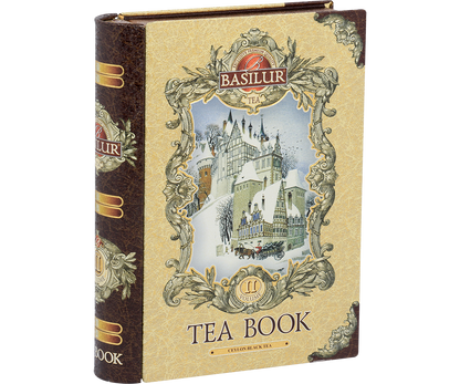 Opakowanie Basilur Tea Book vol. II – bok z eleganckim brązowo-złotym wykończeniem.