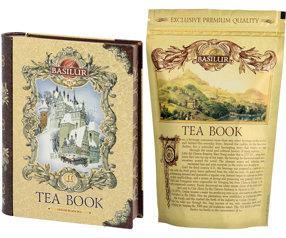 Herbata Basilur Tea Book vol. II – puszka i wewnętrzna złota torebka z opisem kolekcji.