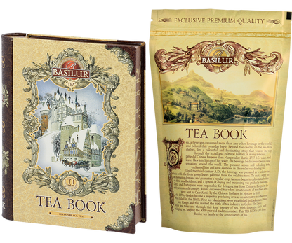 Herbata Basilur Tea Book vol. II – puszka i wewnętrzna złota torebka z opisem kolekcji.