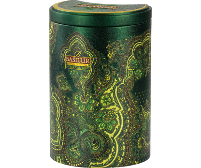 Herbata zielona Basilur Moroccan Mint w ozdobnej zielonej puszce z orientalnym wzorem.