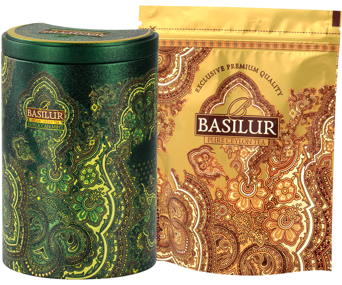 Zestaw Basilur Moroccan Mint – ozdobna puszka i złote opakowanie z herbatą cejlońską.