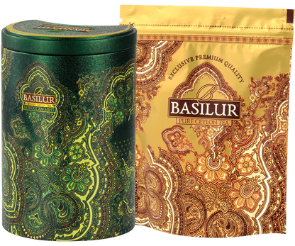 Zestaw Basilur Moroccan Mint – ozdobna puszka i złote opakowanie z herbatą cejlońską.