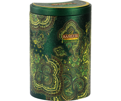 Herbata Basilur Moroccan Mint w eleganckiej, ciemnozielonej puszce.