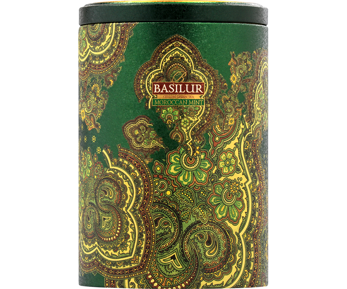 Zbliżenie na zdobienia puszki herbaty Basilur Moroccan Mint.