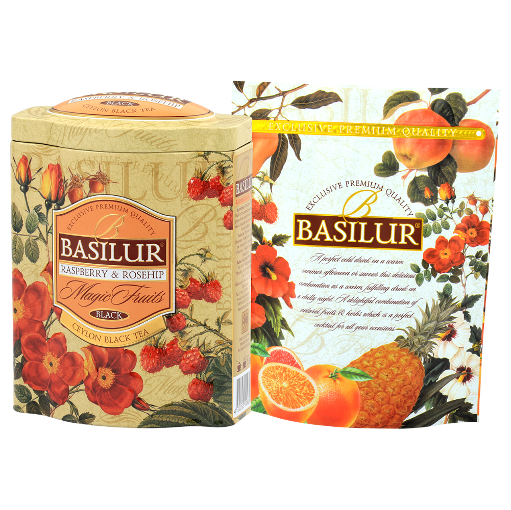 Puszka Basilur Raspberry & Rosehip z kolekcji Magic Fruits – czarna herbata z maliną i dziką różą.