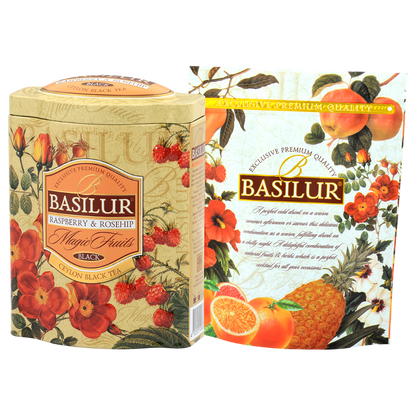 Puszka Basilur Raspberry & Rosehip z kolekcji Magic Fruits – czarna herbata z maliną i dziką różą.