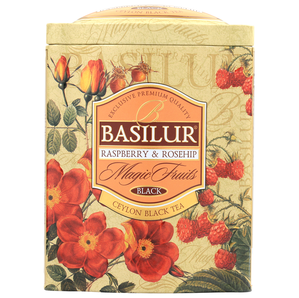Front puszki Basilur Raspberry & Rosehip z ozdobnym motywem malin i róż.