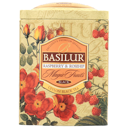Front puszki Basilur Raspberry & Rosehip z ozdobnym motywem malin i róż.
