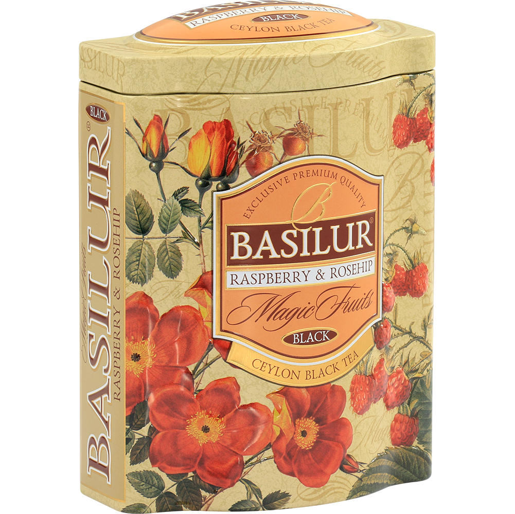 Eleganckie boczne ujęcie puszki Basilur Raspberry & Rosehip.