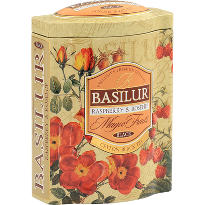 Eleganckie boczne ujęcie puszki Basilur Raspberry & Rosehip.