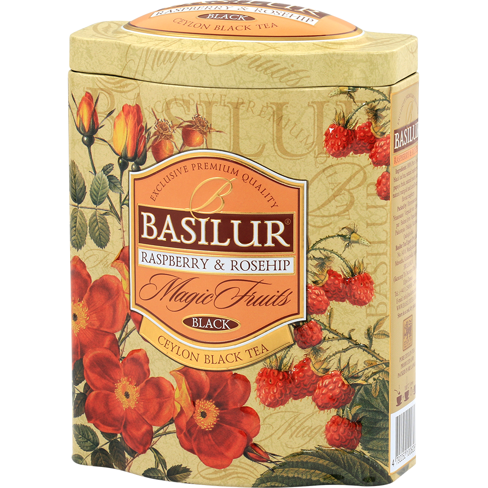 Tył opakowania Basilur Raspberry & Rosehip z opisem produktu i grafiką owoców.