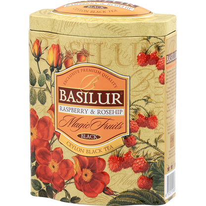 Tył opakowania Basilur Raspberry & Rosehip z opisem produktu i grafiką owoców.
