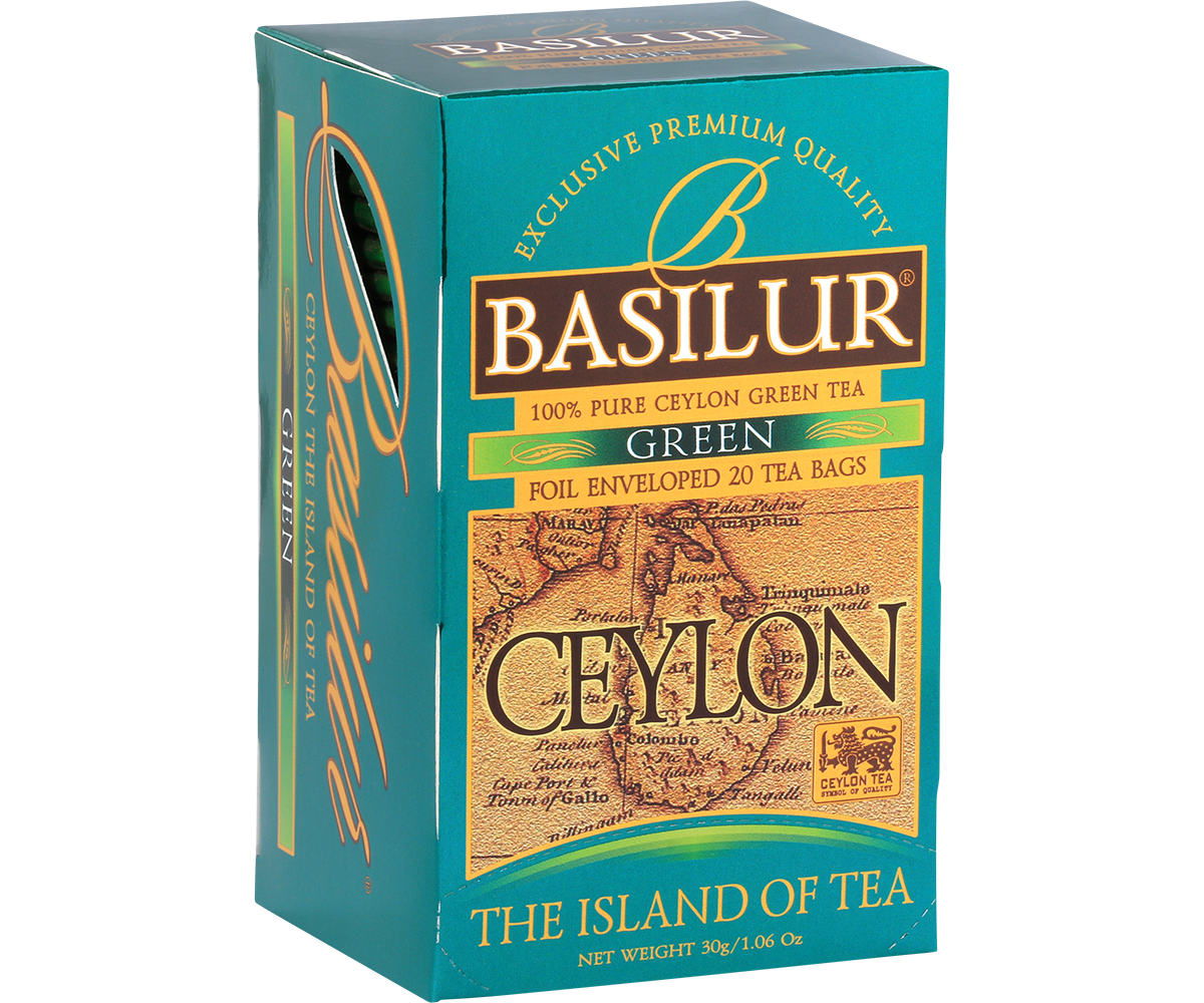 Bok pudełka Basilur Green Ceylon z eleganckim, złoto-zielonym wzorem.