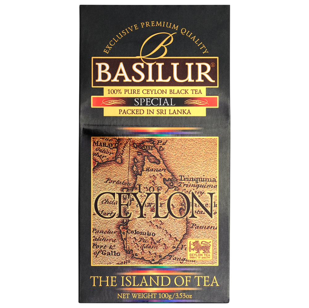 Front opakowania Basilur Special z wyraźnym oznaczeniem 100 percent pure Ceylon black tea.