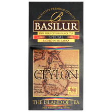 Front opakowania Basilur Special z wyraźnym oznaczeniem 100 percent pure Ceylon black tea.