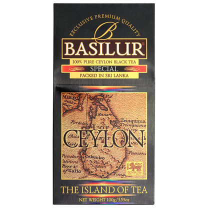 Front opakowania Basilur Special z wyraźnym oznaczeniem 100 percent pure Ceylon black tea.