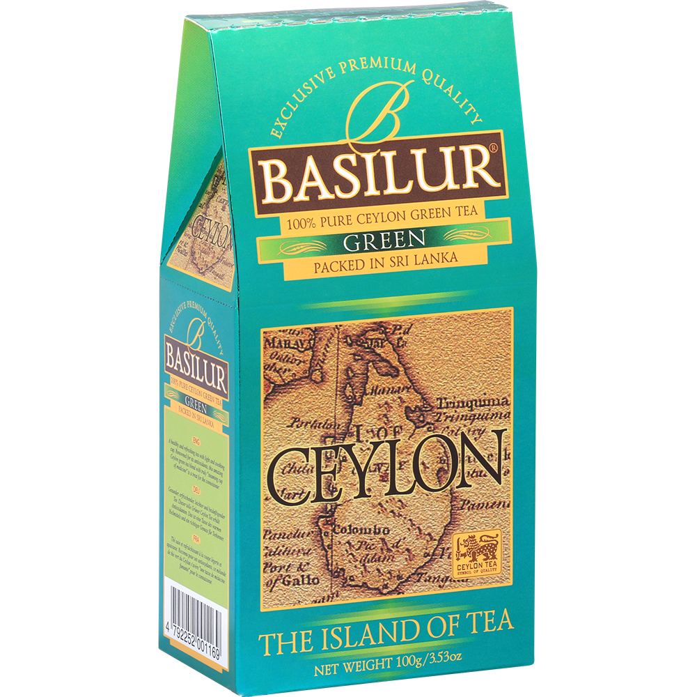 Bok pudełka herbaty Basilur Green 100 g z opisem i logo marki.