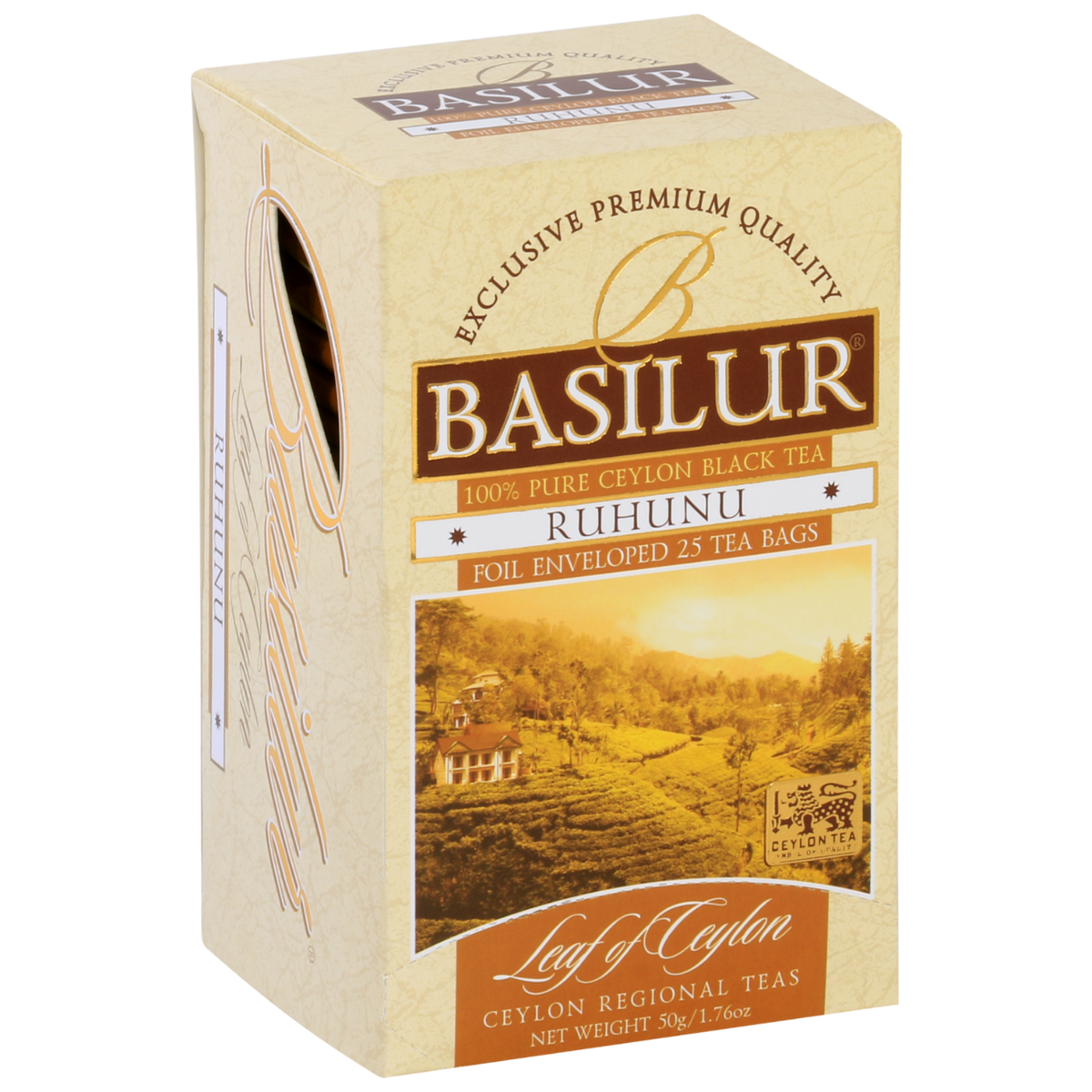 Bok pudełka Basilur Ruhunu – eleganckie opakowanie herbaty czarnej Basilur.