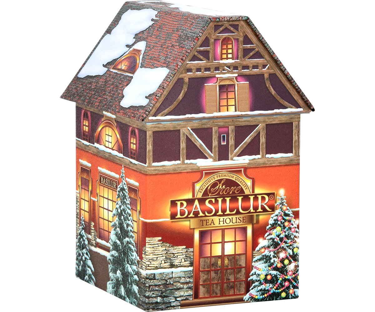 Herbata Basilur Christmas House z widokiem z lewej strony i ozdobną choinką