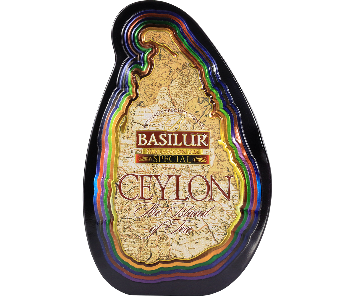 Czarna puszka Basilur Special z mapą Cejlonu na przodzie.