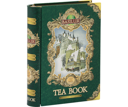 Widok boczny puszki Basilur Tea Book vol. III z zimową ilustracją.