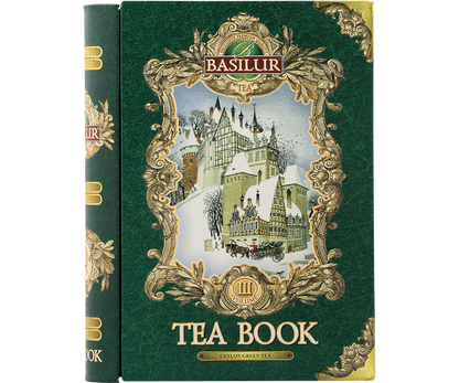Przód puszki Basilur Tea Book vol. III – zielona herbata cejlońska.