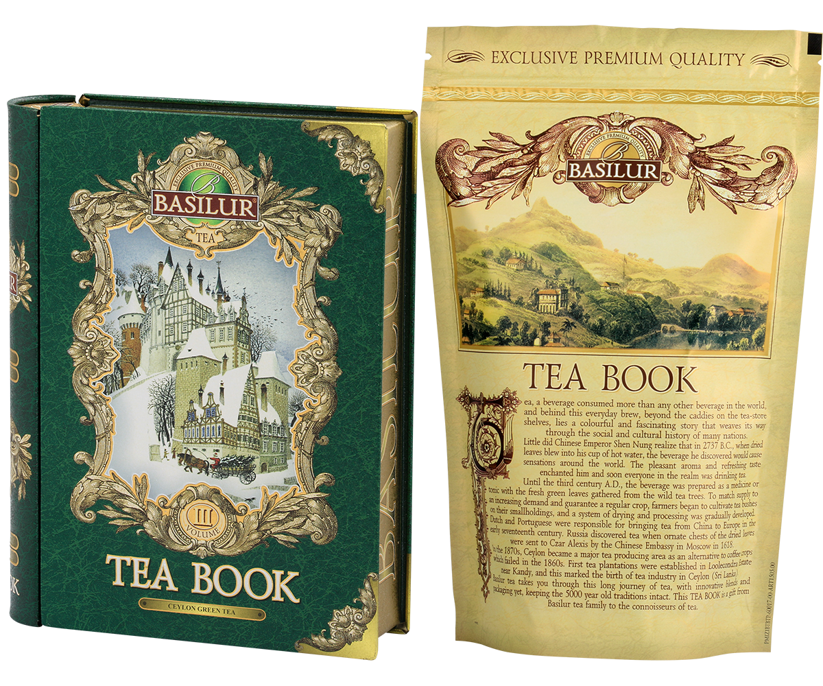Herbata Basilur Tea Book vol. III – ozdobna puszka w kształcie książki z woreczkiem foliowym w środku.
