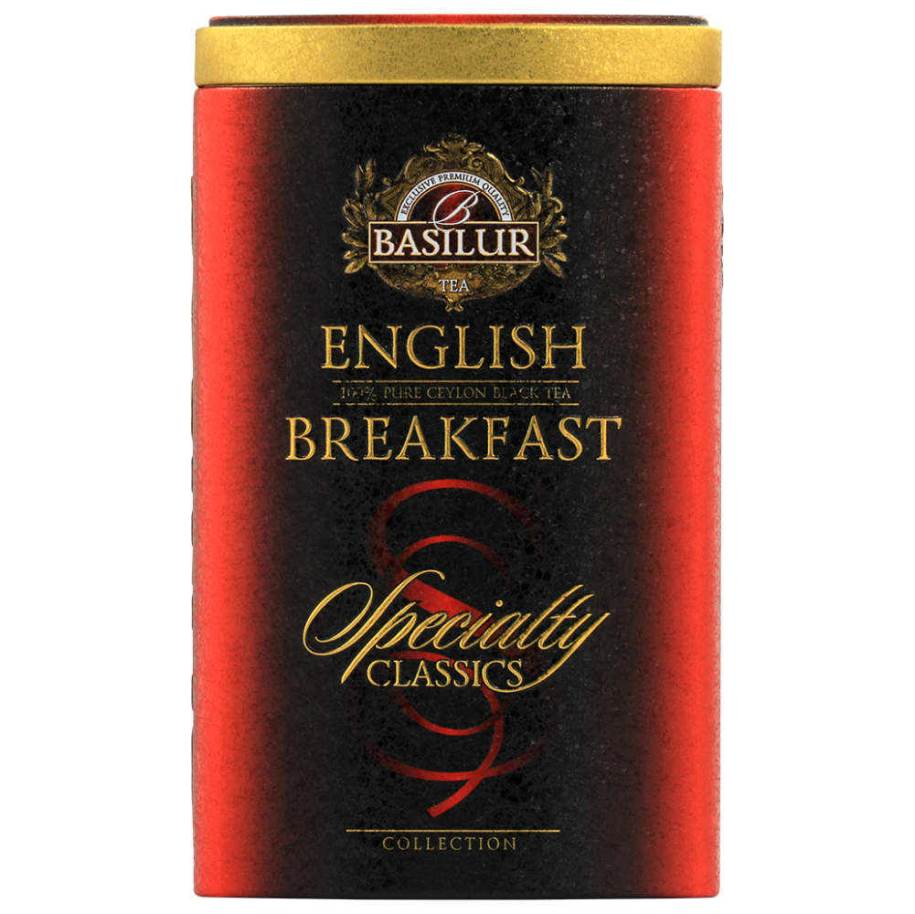 Herbata czarna Basilur English Breakfast w eleganckiej puszce – widok z przodu.