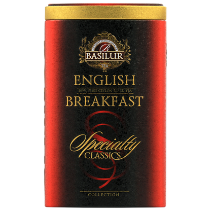 Herbata czarna Basilur English Breakfast w eleganckiej puszce – widok z przodu.