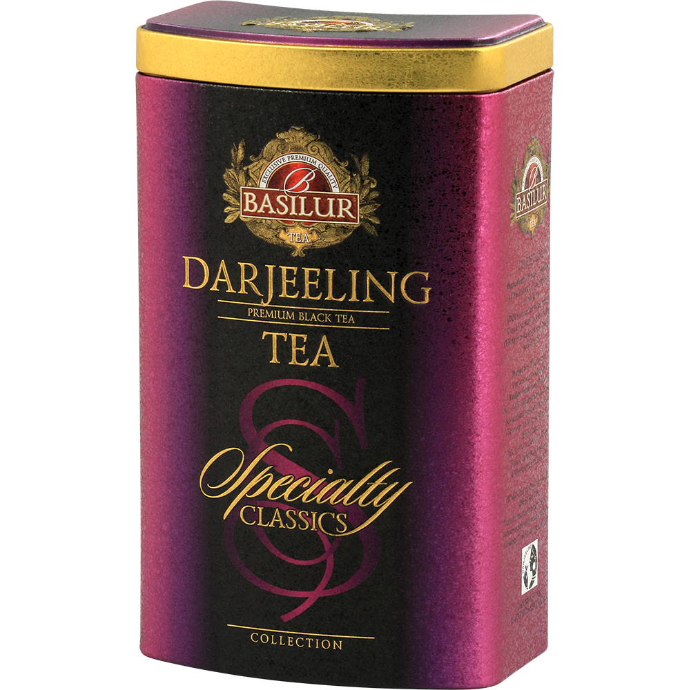 Puszka herbaty Basilur Darjeeling w odcieniach purpury i złota.
