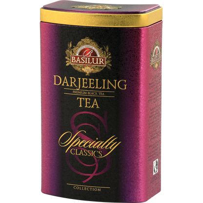 Puszka herbaty Basilur Darjeeling w odcieniach purpury i złota.