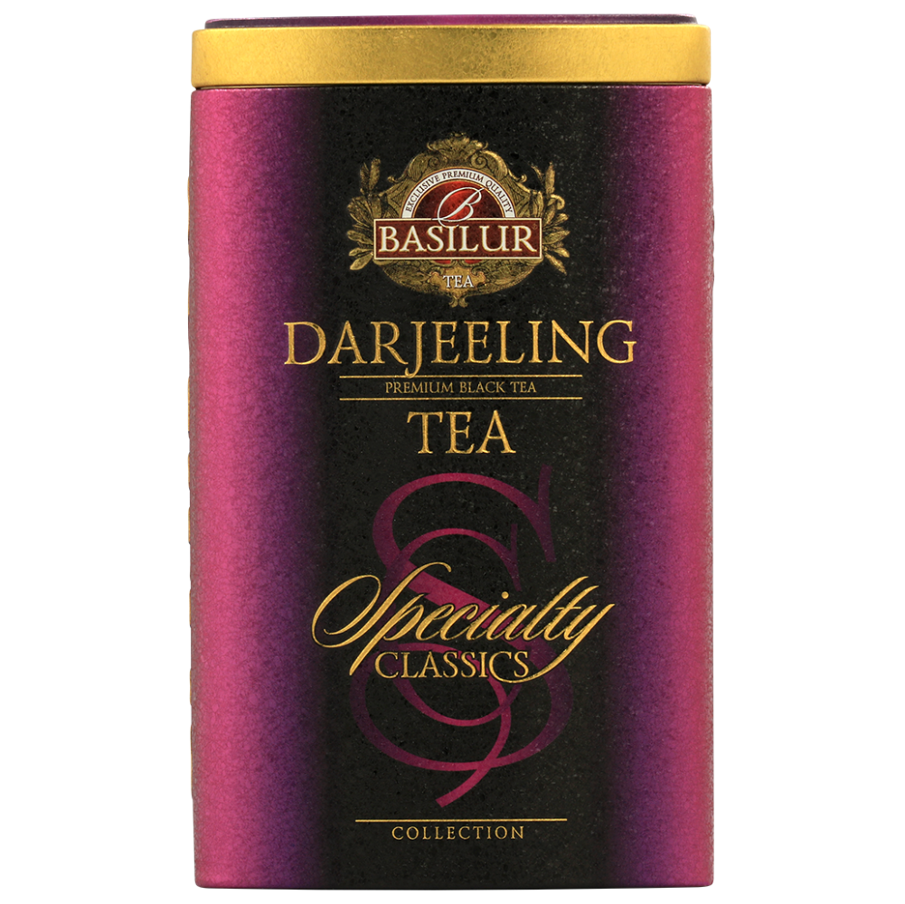 Bok puszki Basilur Darjeeling z logo i złotymi detalami.