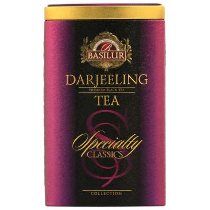 Bok puszki Basilur Darjeeling z logo i złotymi detalami.