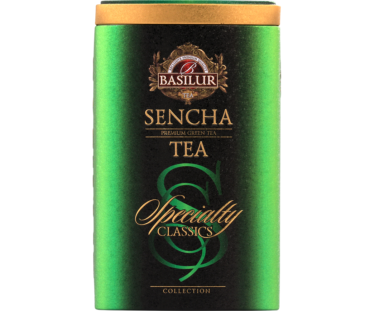 Zielona herbata Basilur Sencha w eleganckiej puszce – widok z przodu.