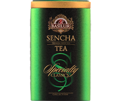 Zielona herbata Basilur Sencha w eleganckiej puszce – widok z przodu.