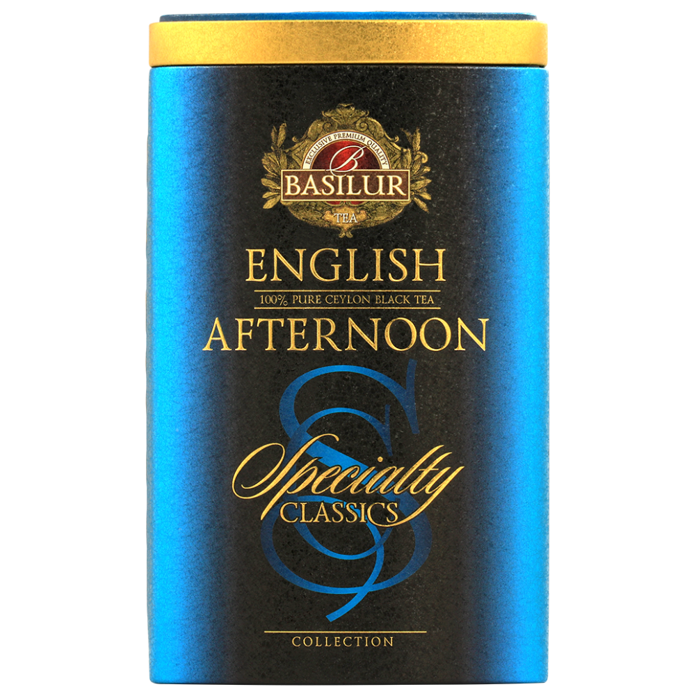 Herbata czarna Basilur English Afternoon w metalowej puszce – widok z przodu.