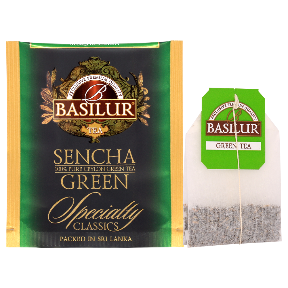Saszetka i torebka herbaty Basilur Sencha – zielona herbata cejlońska.