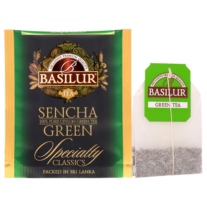 Saszetka i torebka herbaty Basilur Sencha – zielona herbata cejlońska.