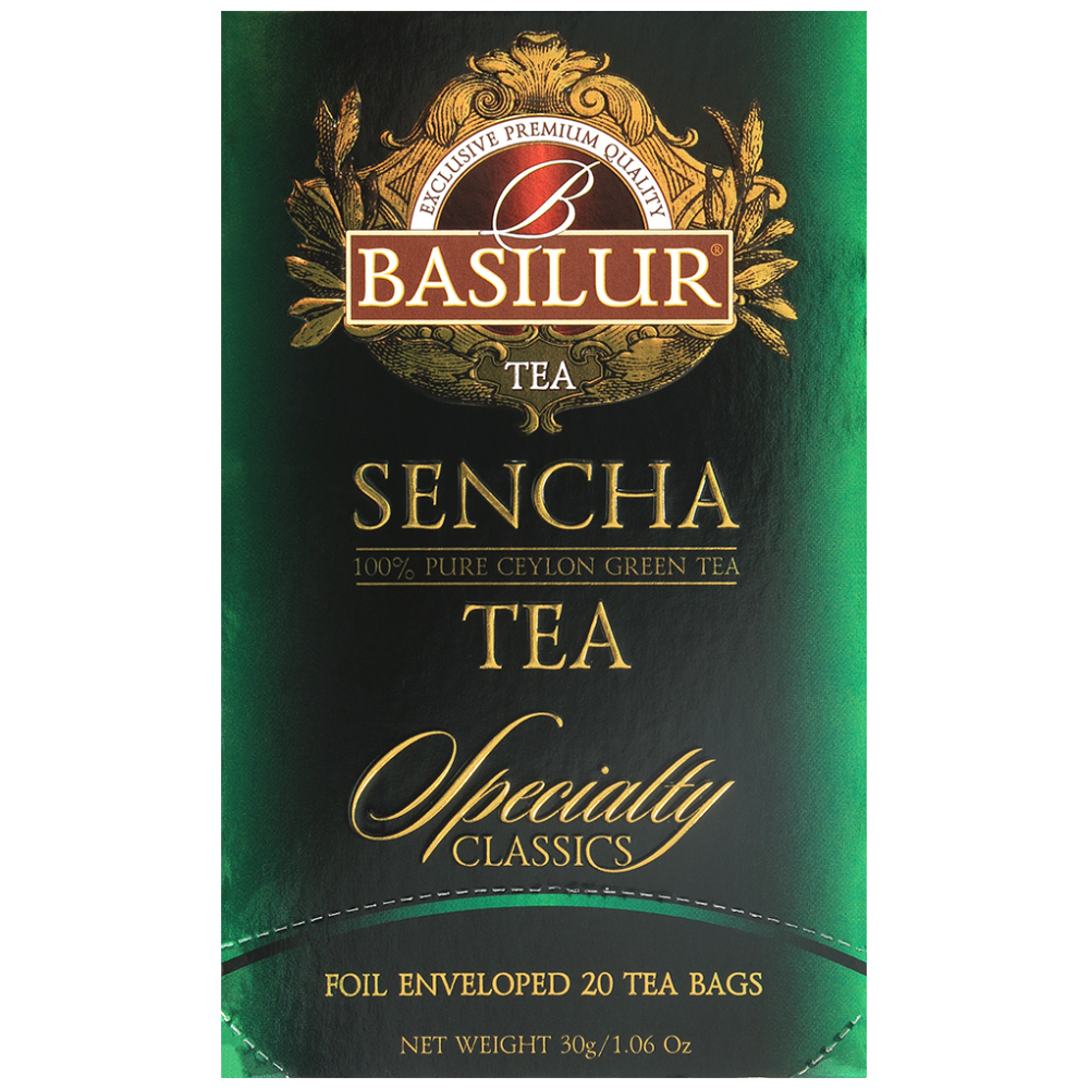 Opakowanie Basilur Sencha Specialty Classics w odcieniach zieleni i złota.
