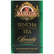 Opakowanie Basilur Sencha Specialty Classics w odcieniach zieleni i złota.