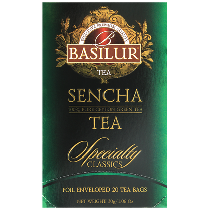 Opakowanie Basilur Sencha Specialty Classics w odcieniach zieleni i złota.