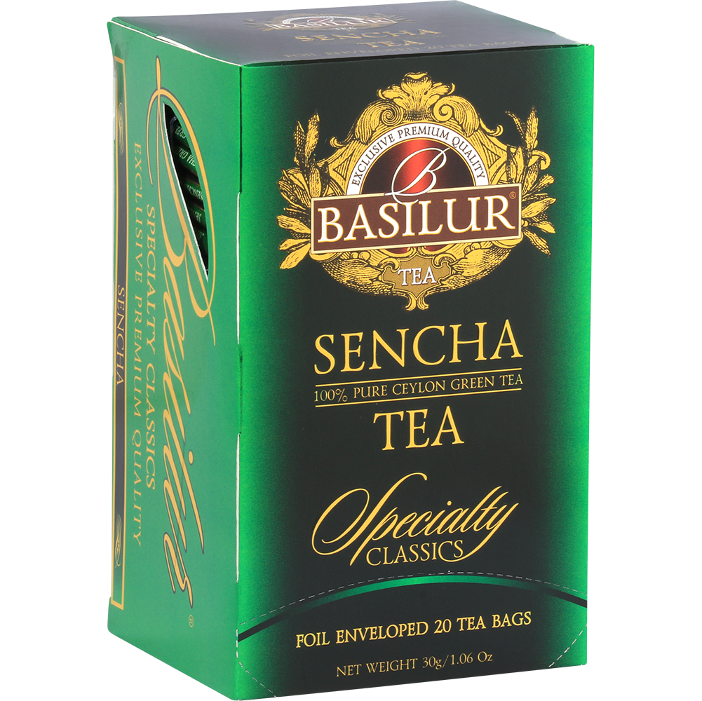 Pudełko herbaty Basilur Sencha w eleganckim, błyszczącym wykończeniu.
