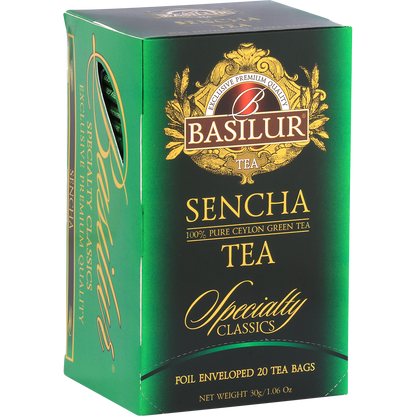 Pudełko herbaty Basilur Sencha w eleganckim, błyszczącym wykończeniu.