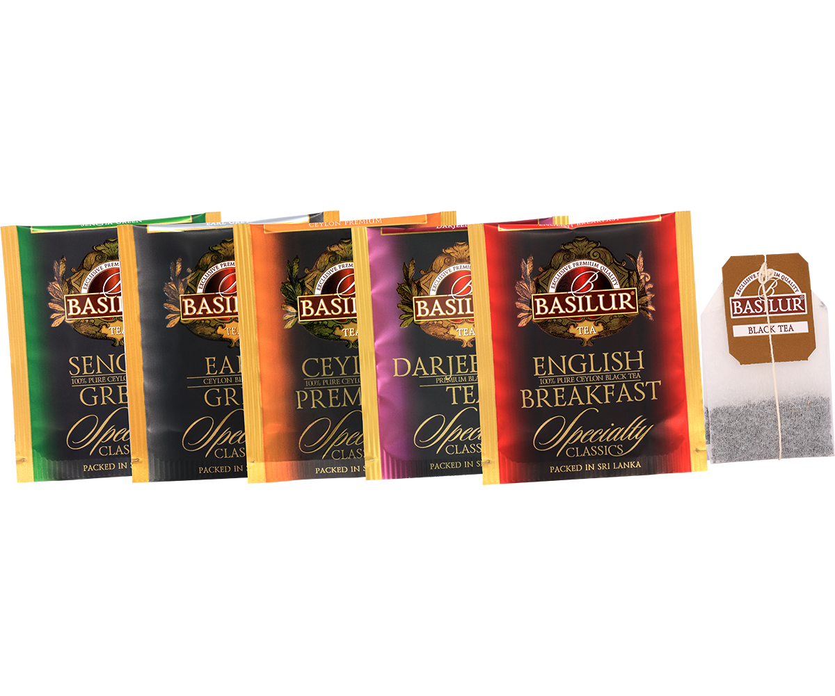 Zbliżenie na zestaw kopert herbat Basilur Specialty Classics.