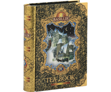 Widok boczny puszki Basilur Tea Book vol. IV – elegancki design w złoto-czarnych barwach.
