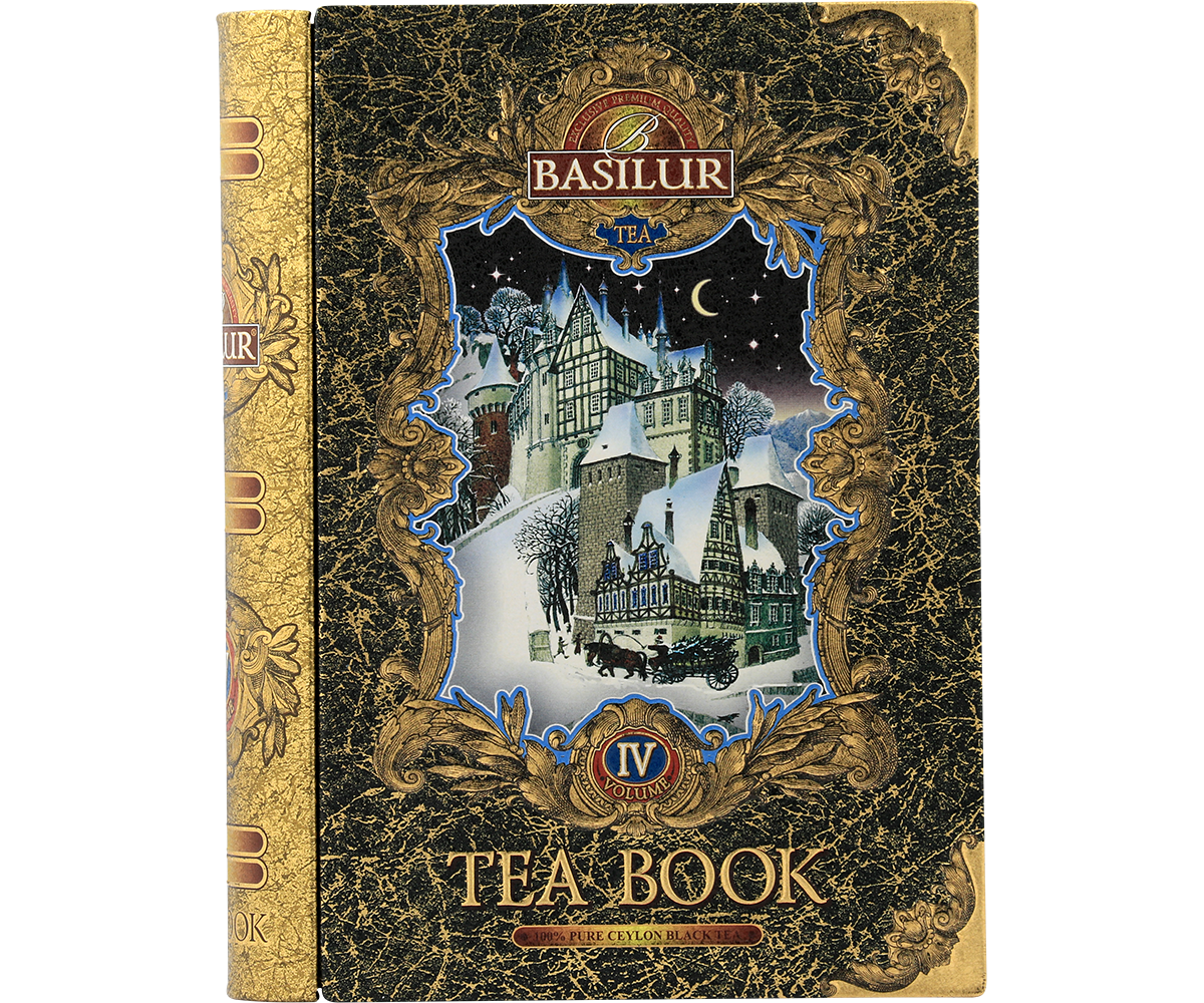 Przód puszki Basilur Tea Book vol. IV z zimową ilustracją zamku.