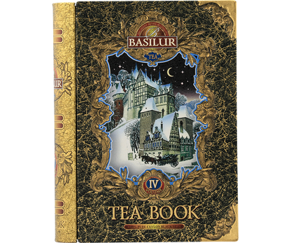 Przód puszki Basilur Tea Book vol. IV z zimową ilustracją zamku.